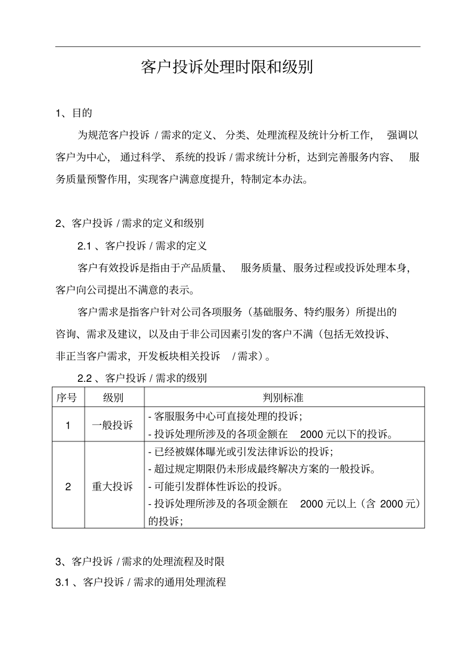 客户投诉处理时限和级别_第1页