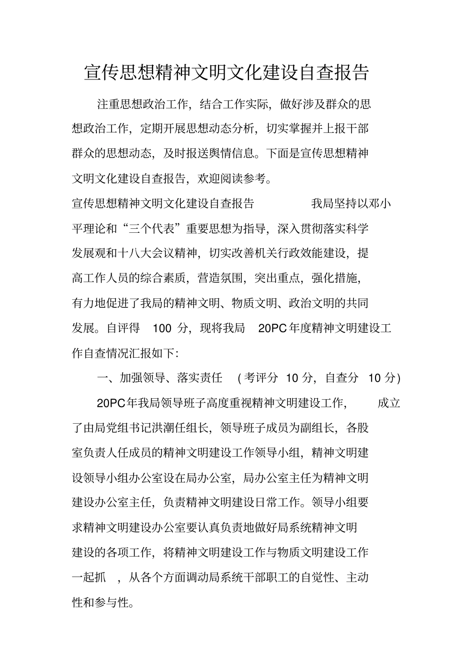 宣传思想精神文明文化建设自查报告_第1页