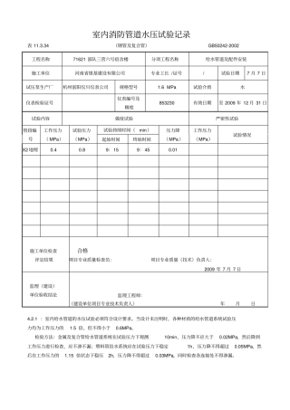 室内消防管道水压试验记录