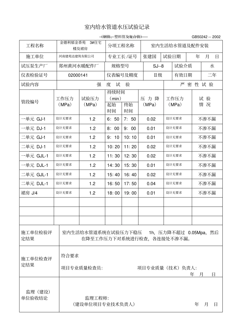 室内给水管道水压试验记录_第1页