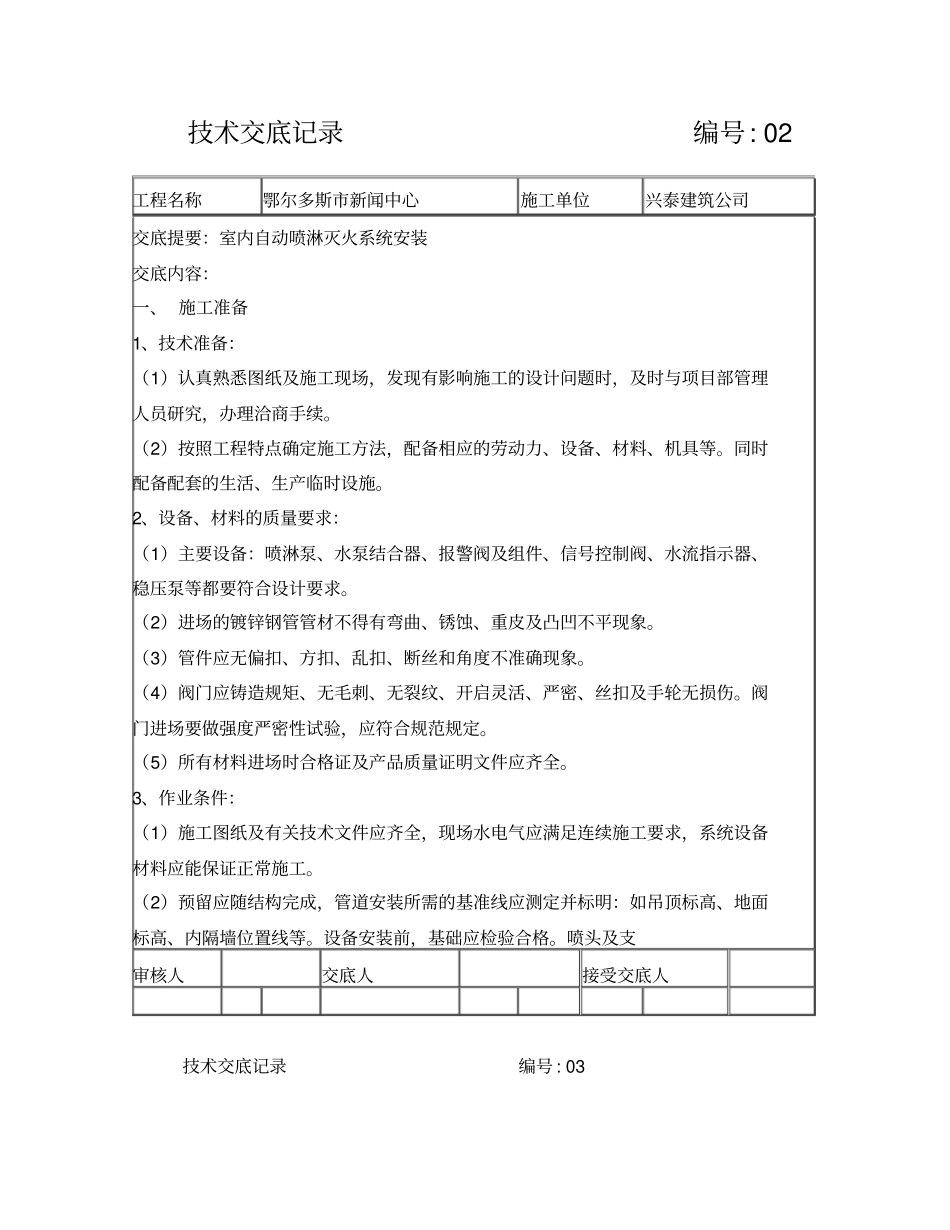室内自动喷淋安装技术交底记录_第1页
