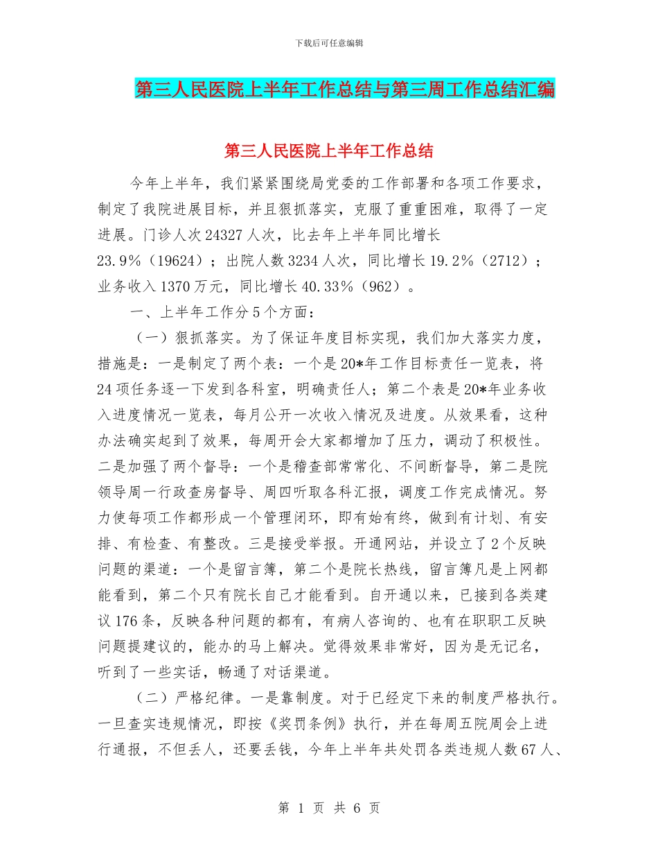第三人民医院上半年工作总结与第三周工作总结汇编_第1页