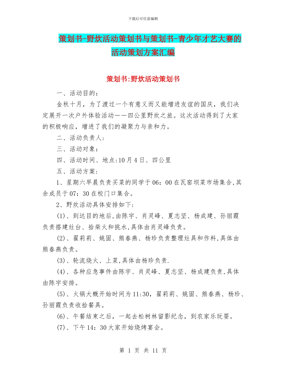 策划书-野炊活动策划书与策划书-青少年才艺大赛的活动策划方案汇编_第1页
