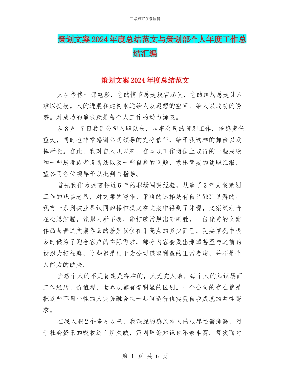 策划文案2024年度总结范文与策划部个人年度工作总结汇编_第1页