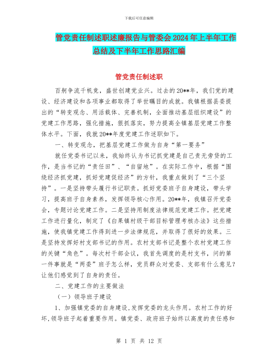 管党责任制述职述廉报告与管委会2024年上半年工作总结及下半年工作思路汇编_第1页