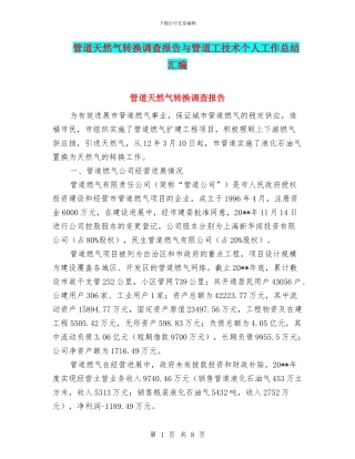管道天然气转换调查报告与管道工技术个人工作总结汇编
