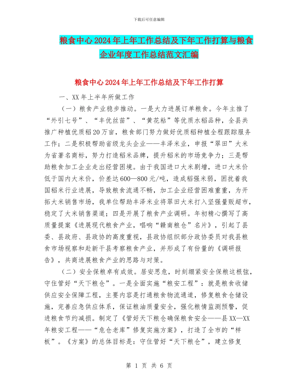 粮食中心2024年上年工作总结及下年工作打算与粮食企业年度工作总结范文汇编_第1页