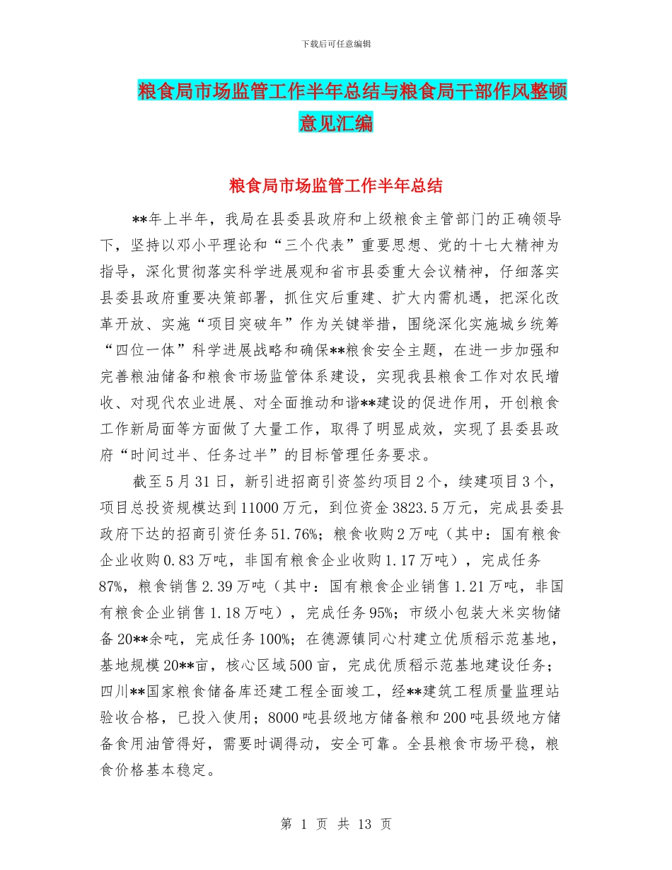 粮食局市场监管工作半年总结与粮食局干部作风整顿意见汇编_第1页