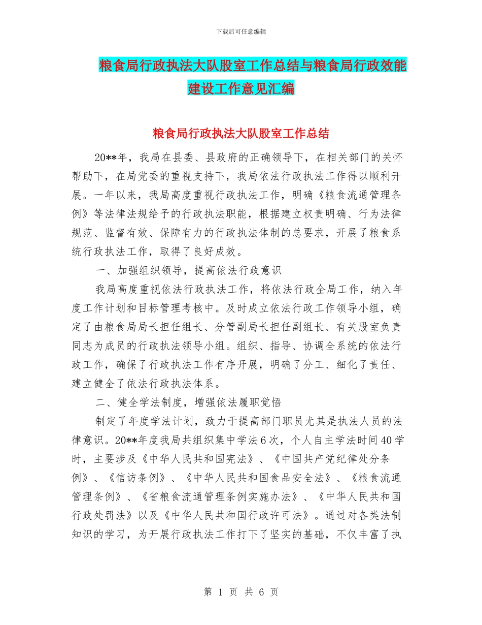 粮食局行政执法大队股室工作总结与粮食局行政效能建设工作意见汇编_第1页