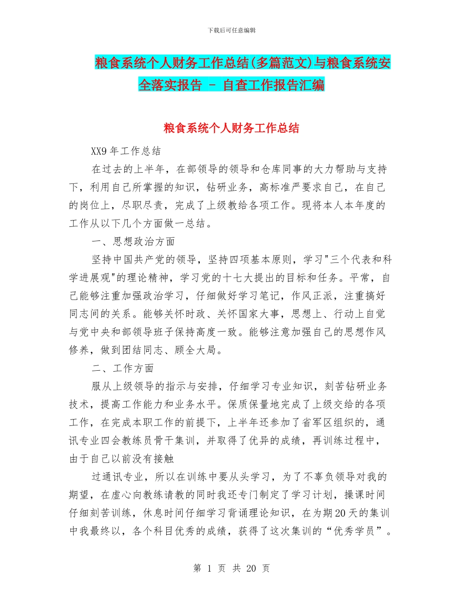 粮食系统个人财务工作总结与粮食系统安全落实报告_第1页