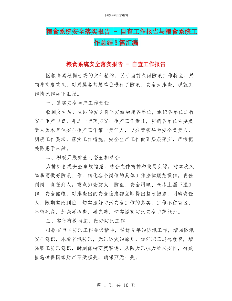 粮食系统安全落实报告---自查工作报告与粮食系统工作总结3篇汇编_第1页