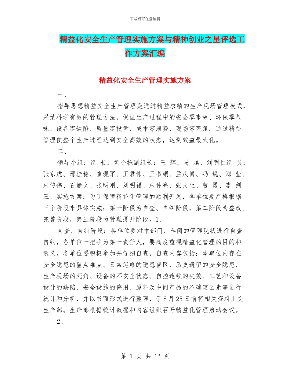 精益化安全生产管理实施方案与精神创业之星评选工作方案汇编_第1页