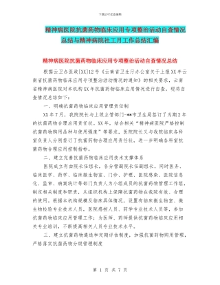 精神病医院抗菌药物临床应用专项整治活动自查情况总结与精神病院社工月工作总结汇编