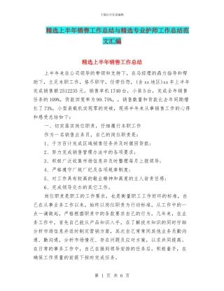 精选上半年销售工作总结与精选专业护师工作总结范文汇编