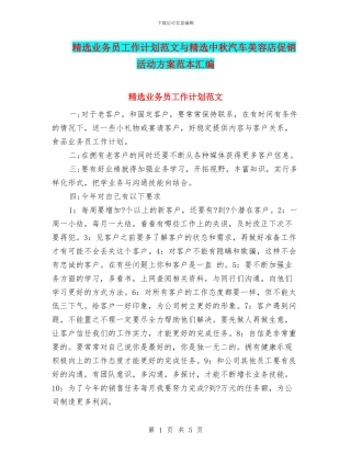 精选业务员工作计划范文与精选中秋汽车美容店促销活动方案范本汇编