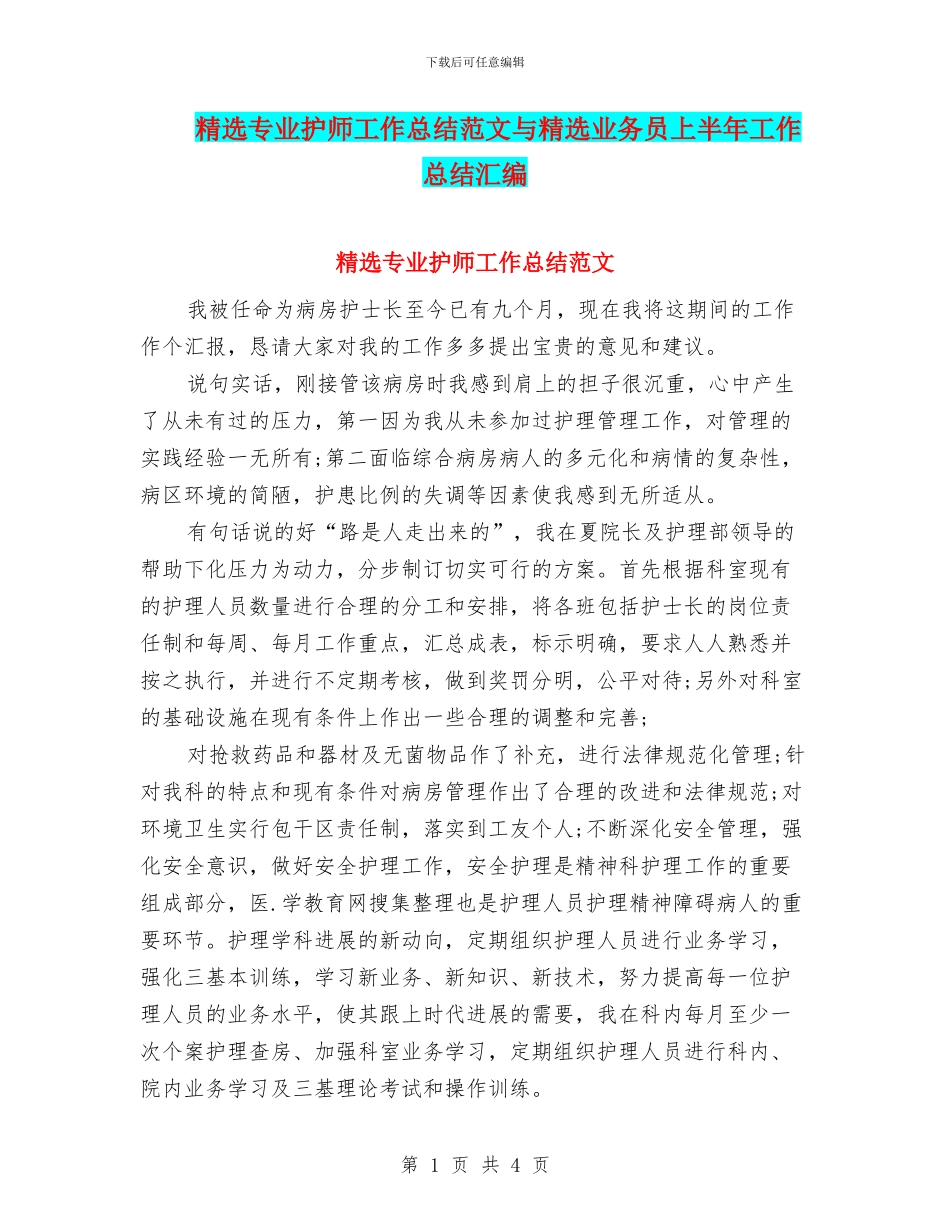 精选专业护师工作总结范文与精选业务员上半年工作总结汇编_第1页