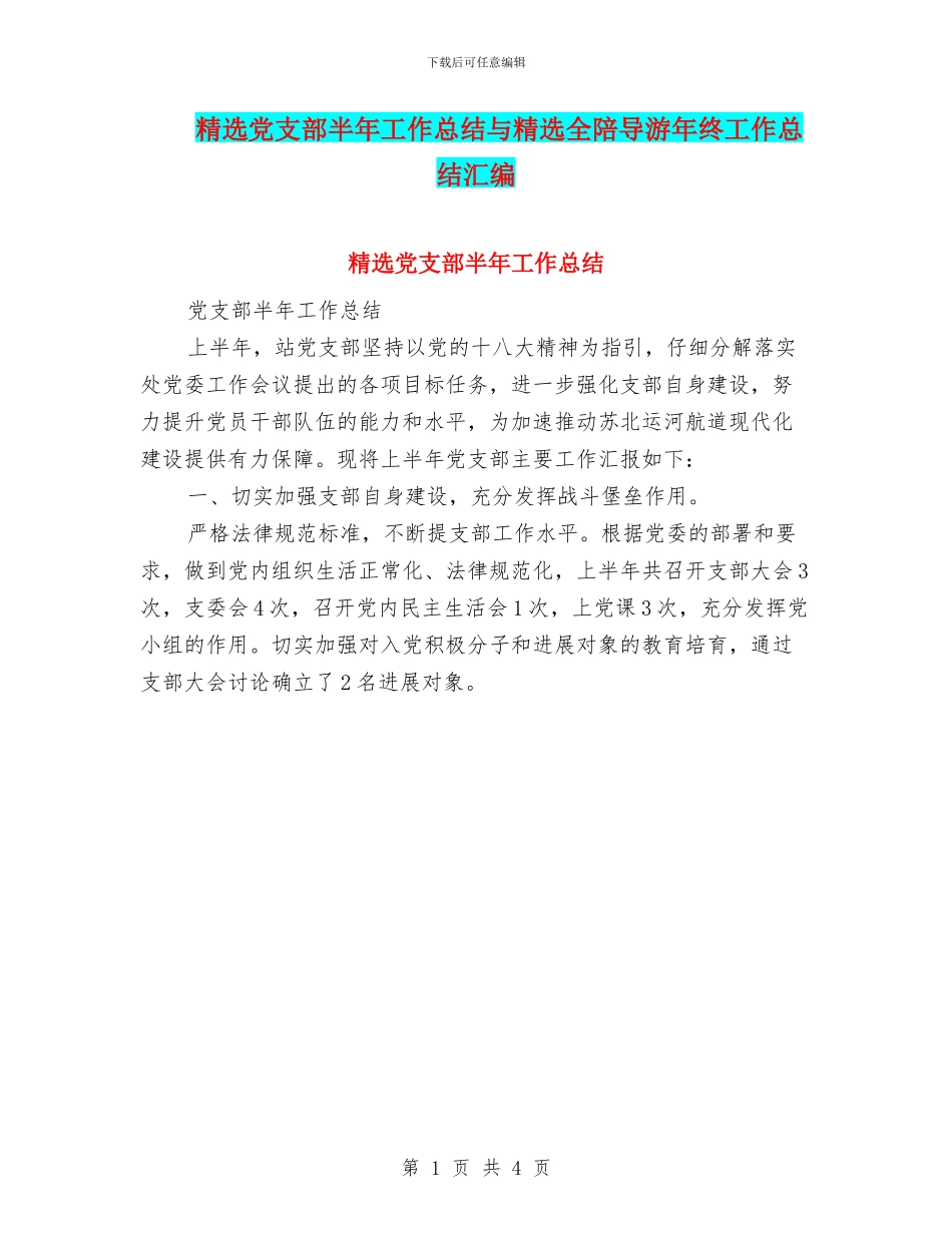 精选党支部半年工作总结与精选全陪导游年终工作总结汇编_第1页