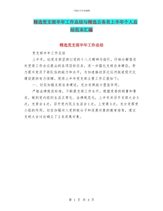 精选党支部半年工作总结与精选公务员上半年个人总结范本汇编