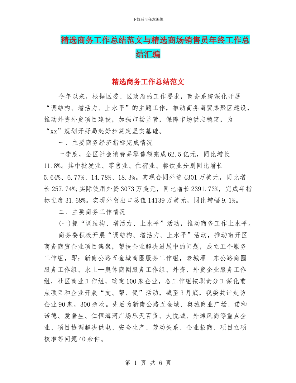 精选商务工作总结范文与精选商场销售员年终工作总结汇编_第1页