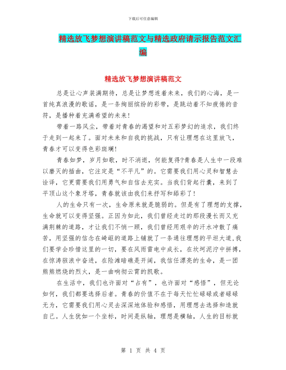 精选放飞梦想演讲稿范文与精选政府请示报告范文汇编_第1页