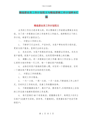 精选营业员工作计划范文与精选营销工作计划样本汇编