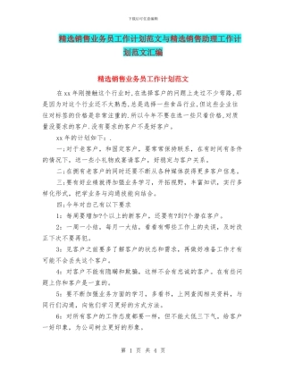精选销售业务员工作计划范文与精选销售助理工作计划范文汇编
