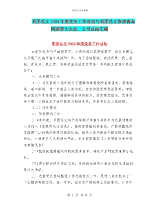 系团总支2024年度党务工作总结与系团总支参观青岛网通等大企业、公司总结汇编