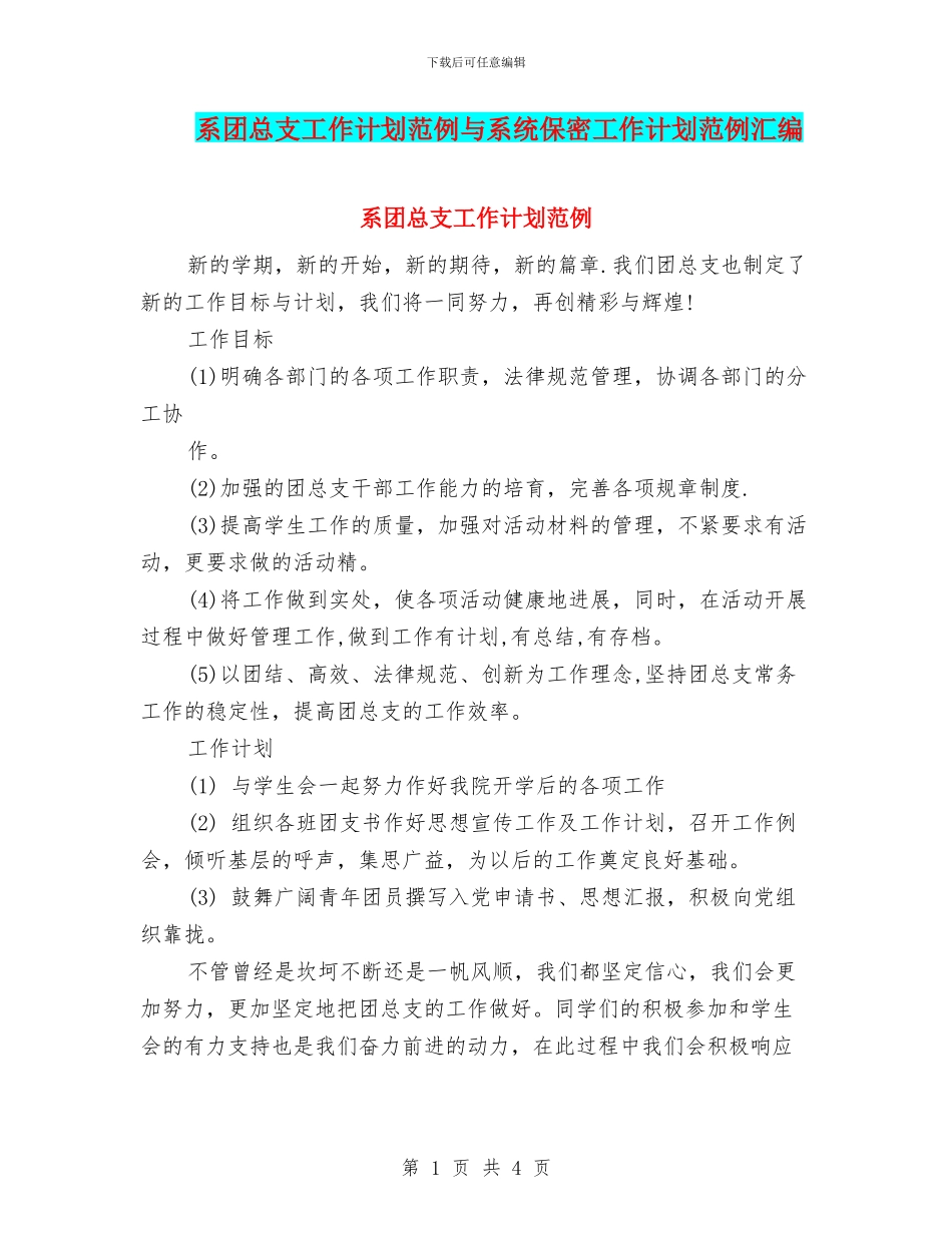 系团总支工作计划范例与系统保密工作计划范例汇编_第1页