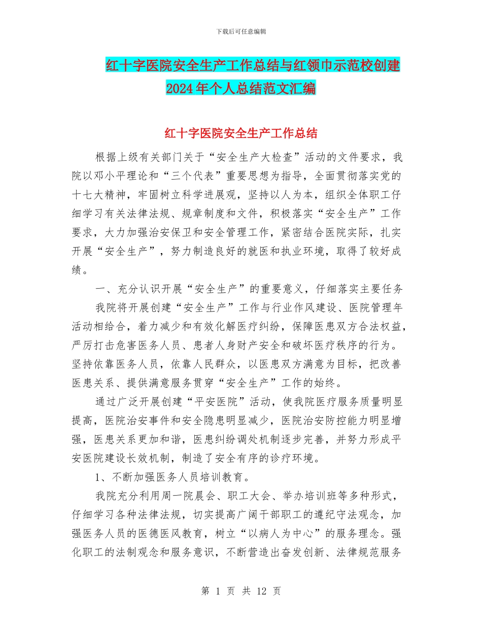 红十字医院安全生产工作总结与红领巾示范校创建2024年个人总结范文汇编_第1页