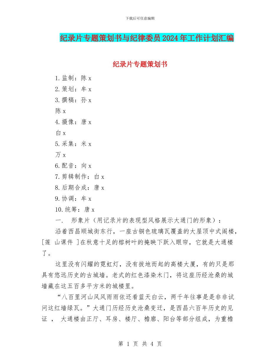 纪录片专题策划书与纪律委员2024年工作计划汇编_第1页