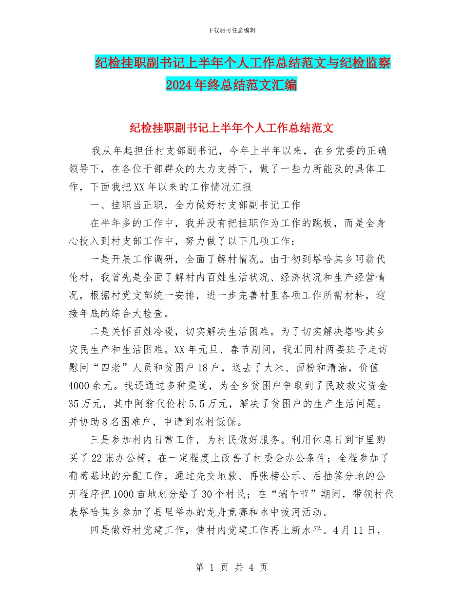 纪检挂职副书记上半年个人工作总结范文与纪检监察2024年终总结范文汇编_第1页