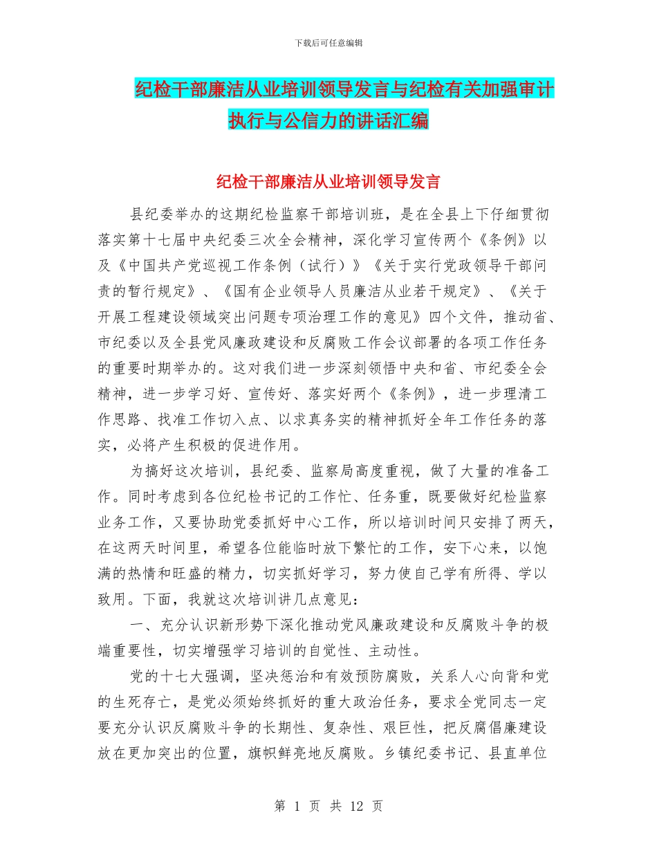 纪检干部廉洁从业培训领导发言与纪检有关加强审计执行与公信力的讲话汇编_第1页