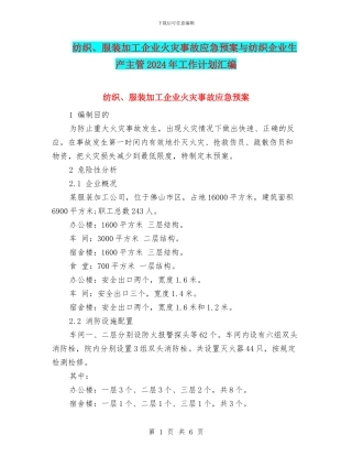 纺织、服装加工企业火灾事故应急预案与纺织企业生产主管2024年工作计划汇编