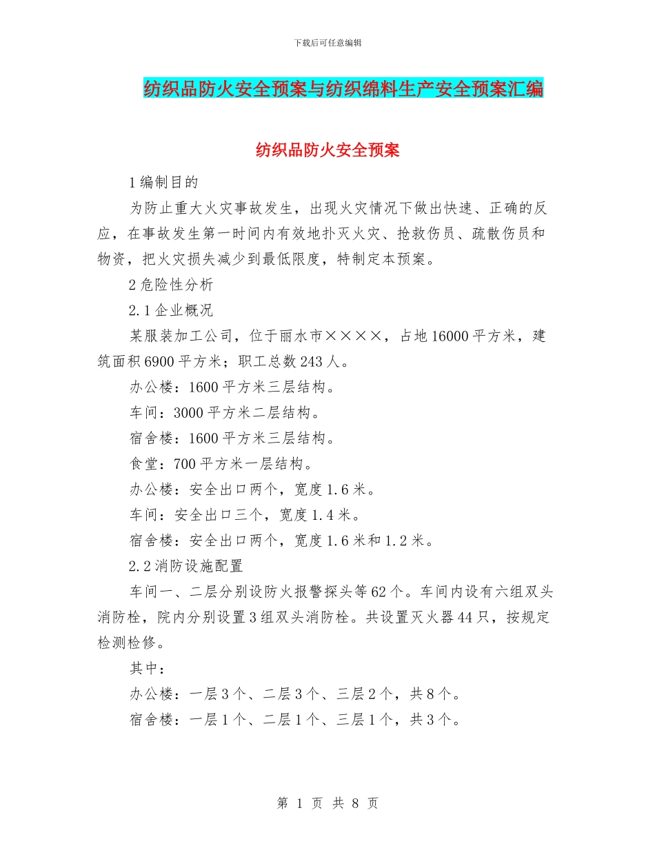 纺织品防火安全预案与纺织绵料生产安全预案汇编_第1页