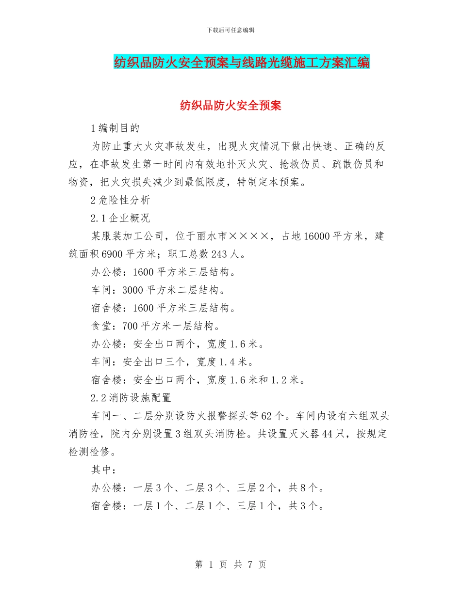 纺织品防火安全预案与线路光缆施工方案汇编_第1页