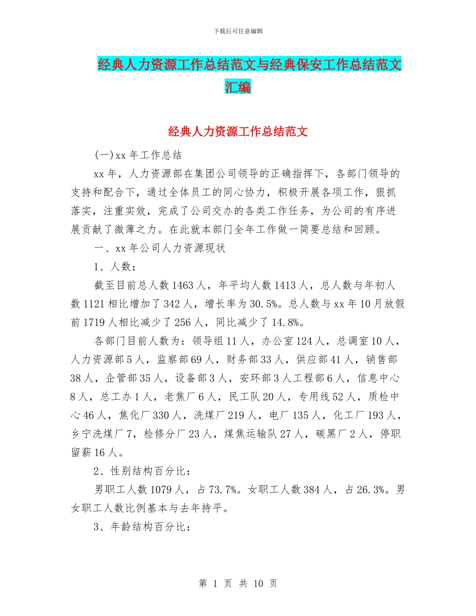 经典人力资源工作总结范文与经典保安工作总结范文汇编_第1页