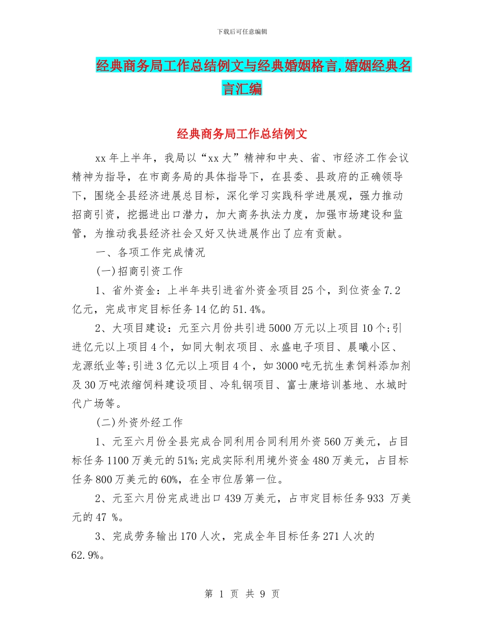 经典商务局工作总结例文与经典婚姻格言_第1页