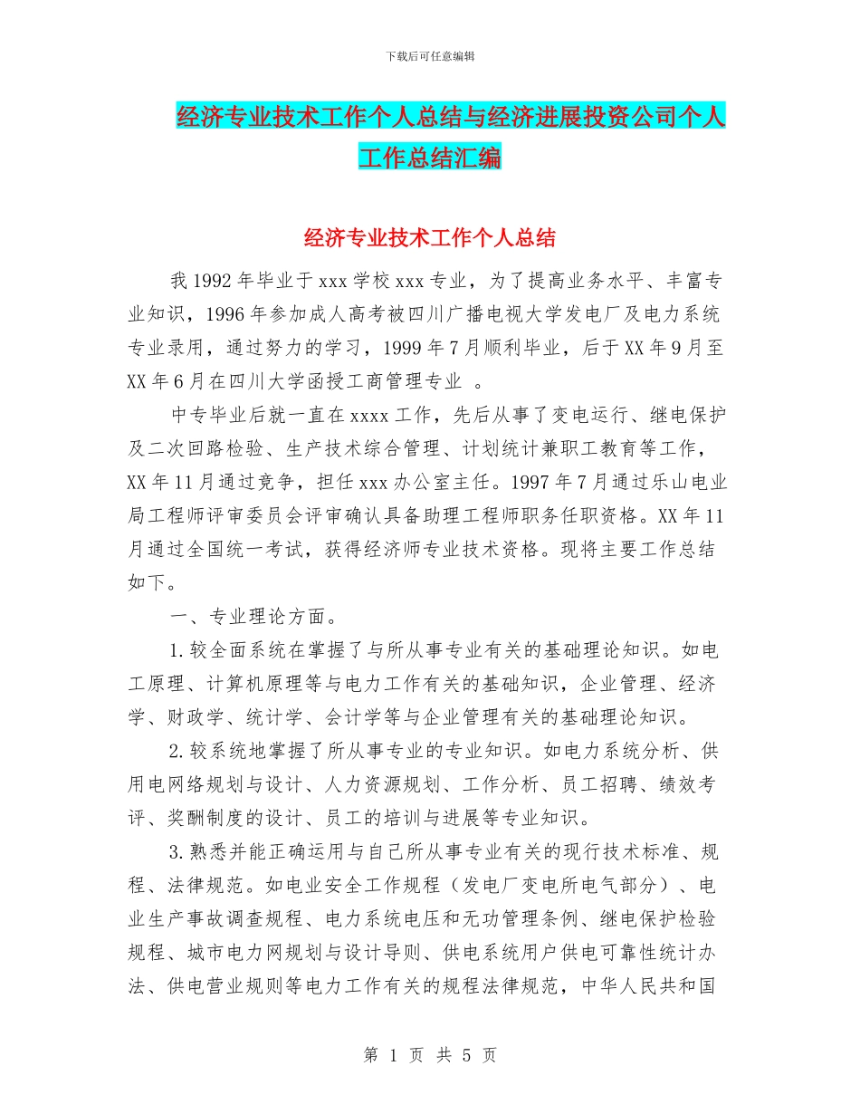 经济专业技术工作个人总结与经济发展投资公司个人工作总结汇编_第1页