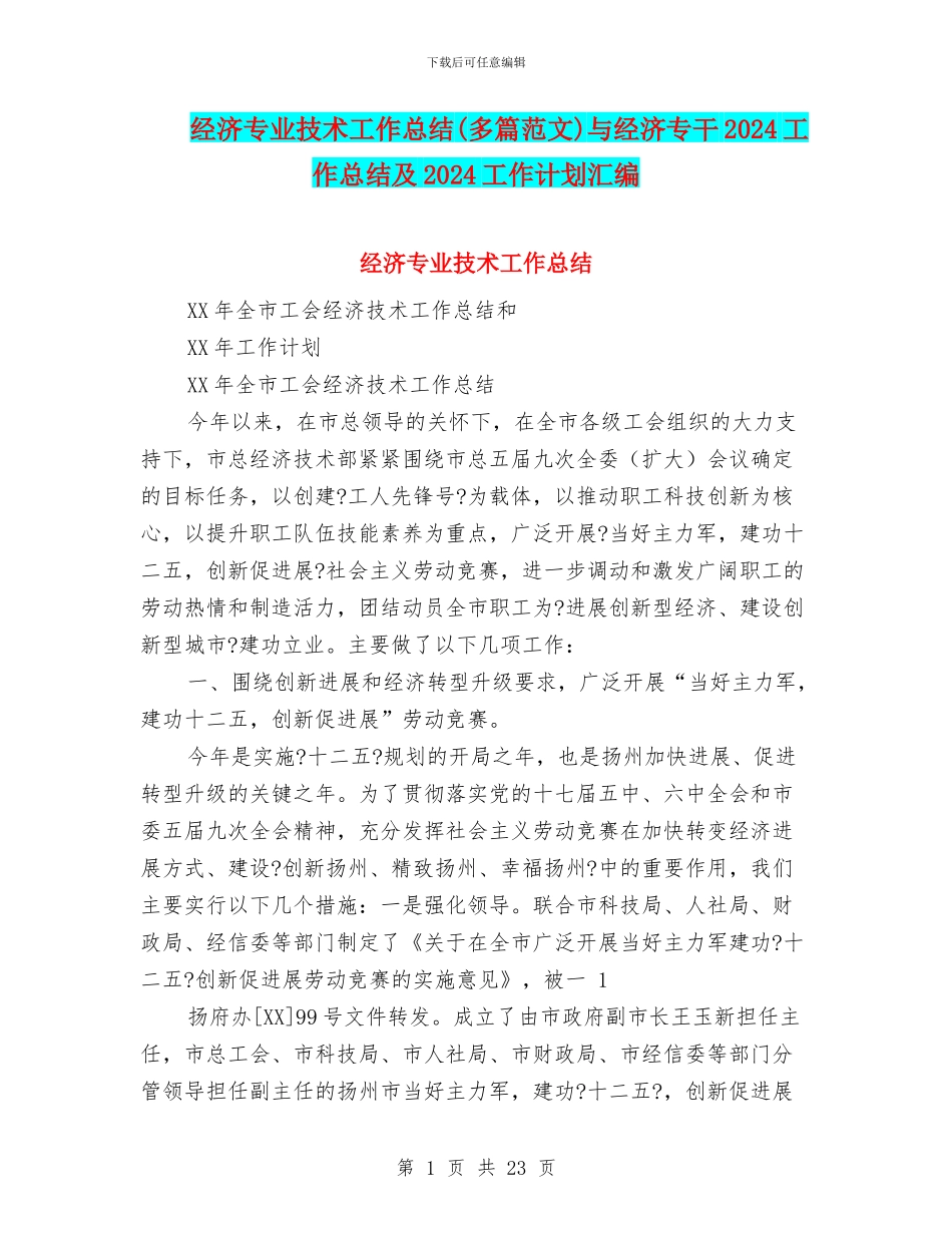 经济专业技术工作总结与经济专干2024工作总结及2024工作计划汇编_第1页