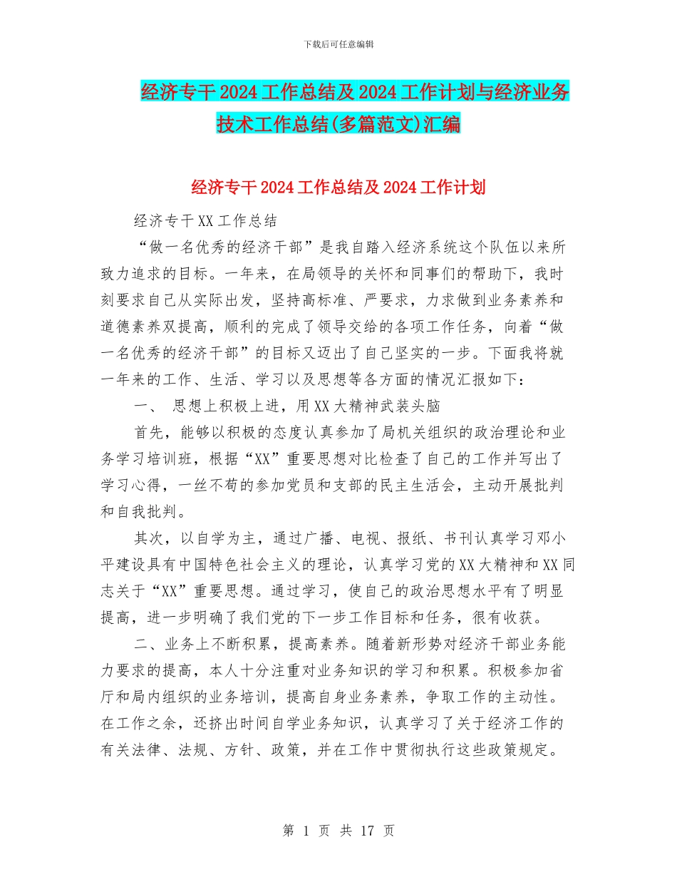 经济专干2024工作总结及2024工作计划与经济业务技术工作总结汇编_第1页