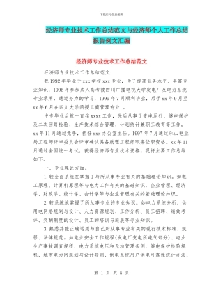 经济师专业技术工作总结范文与经济师个人工作总结报告例文汇编