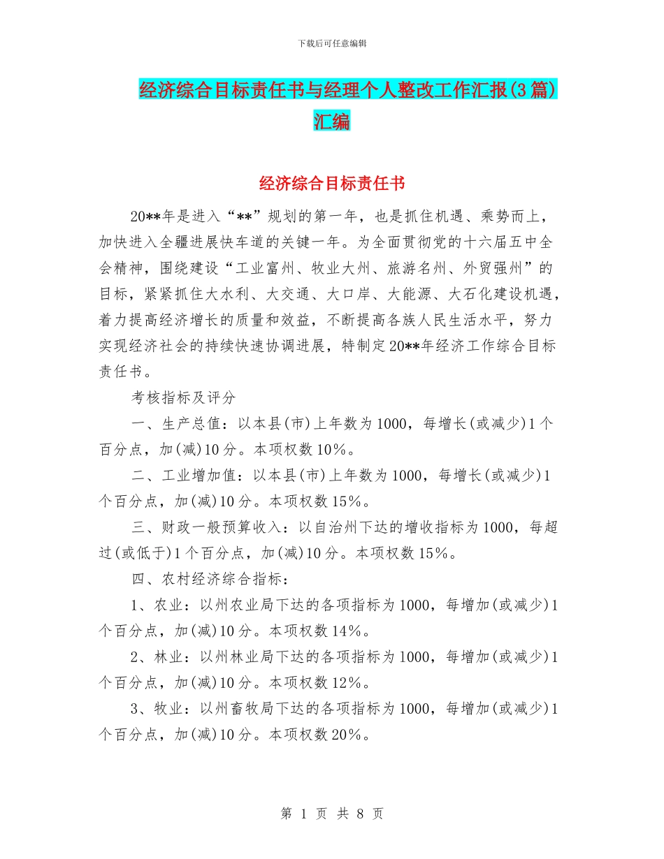 经济综合目标责任书与经理个人整改工作汇报汇编_第1页