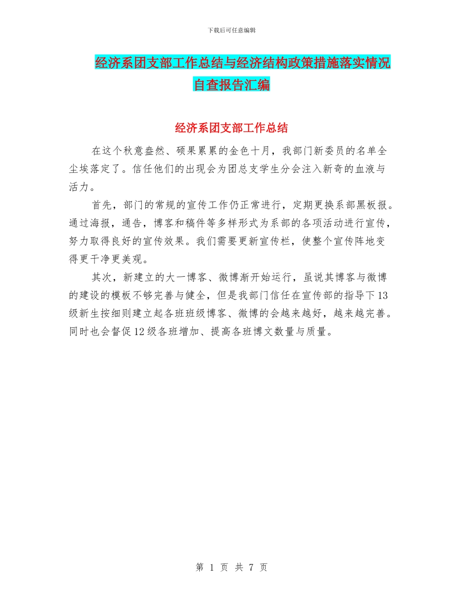 经济系团支部工作总结与经济结构政策措施落实情况自查报告汇编_第1页