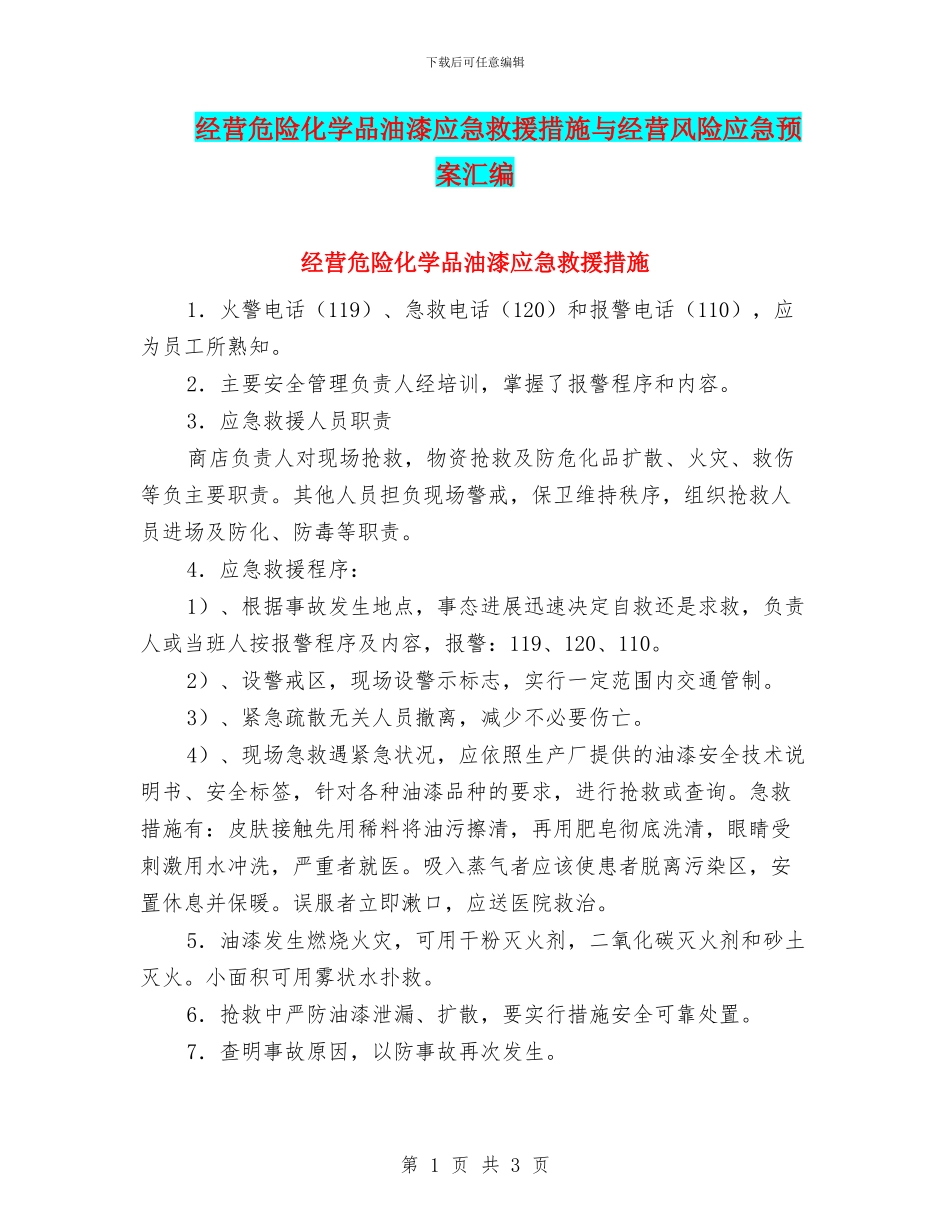 经营危险化学品油漆应急救援措施与经营风险应急预案汇编_第1页