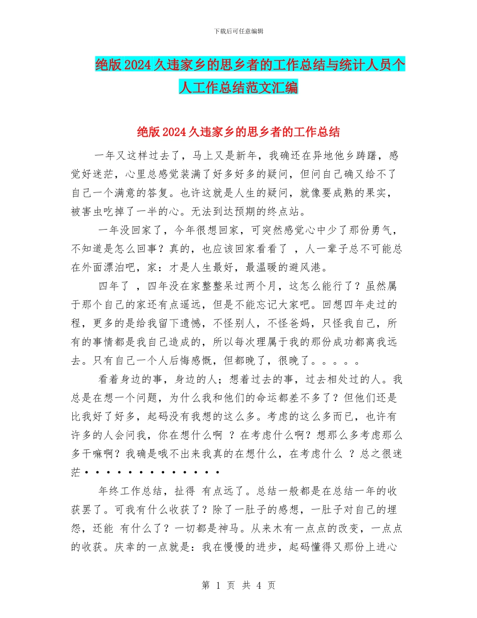 绝版2024久违家乡的思乡者的工作总结与统计人员个人工作总结范文汇编_第1页