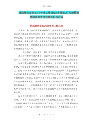 统战部党支部2024年度工作总结与统战部贯彻落实先进性教育报告汇编