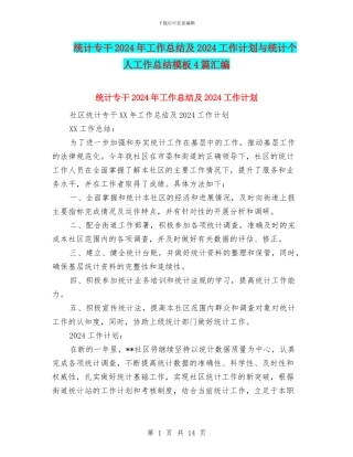 统计专干2024年工作总结及2024工作计划与统计个人工作总结模板4篇汇编