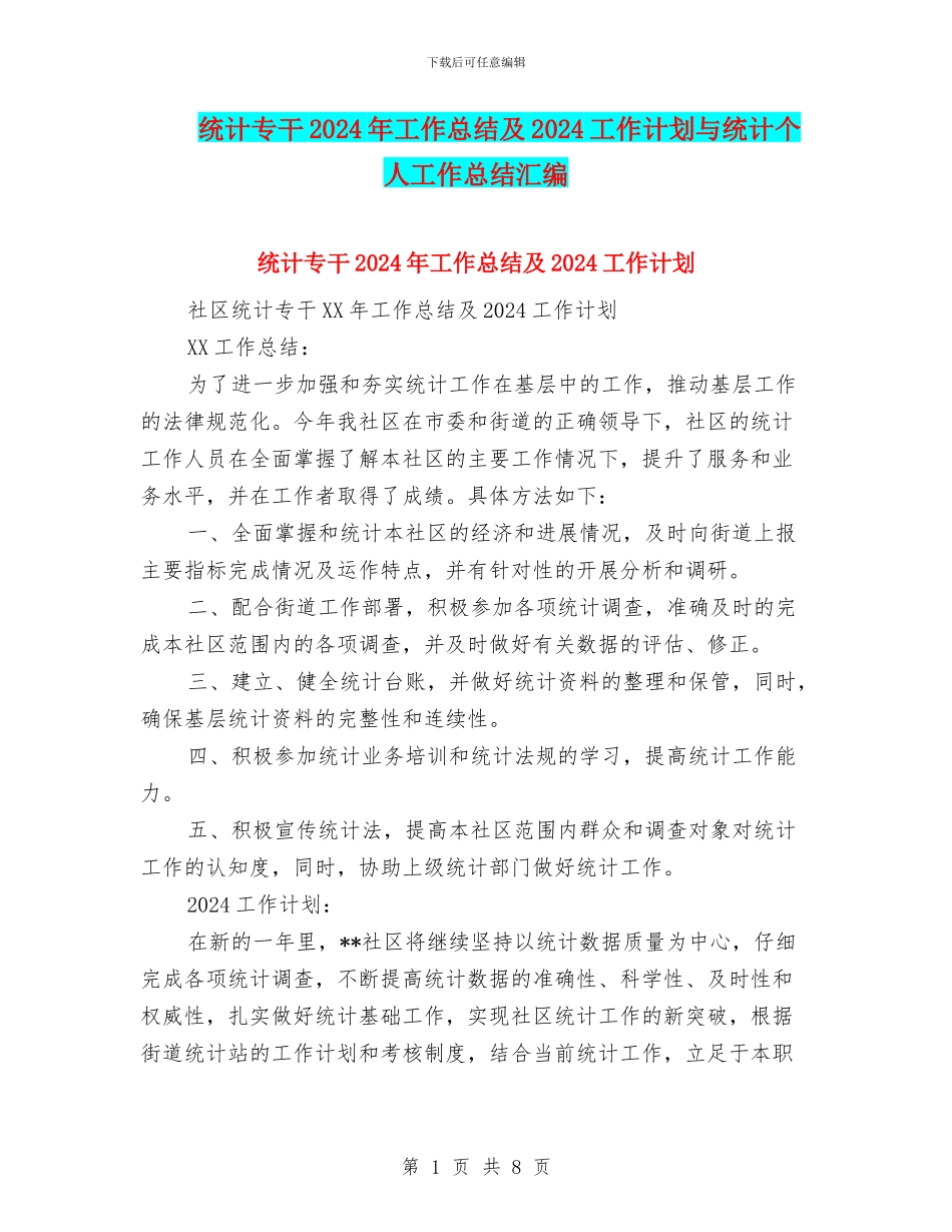 统计专干2024年工作总结及2024工作计划与统计个人工作总结汇编_第1页