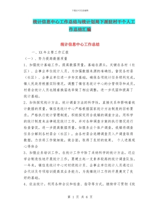 统计信息中心工作总结与统计划局下派驻村干个人工作总结汇编