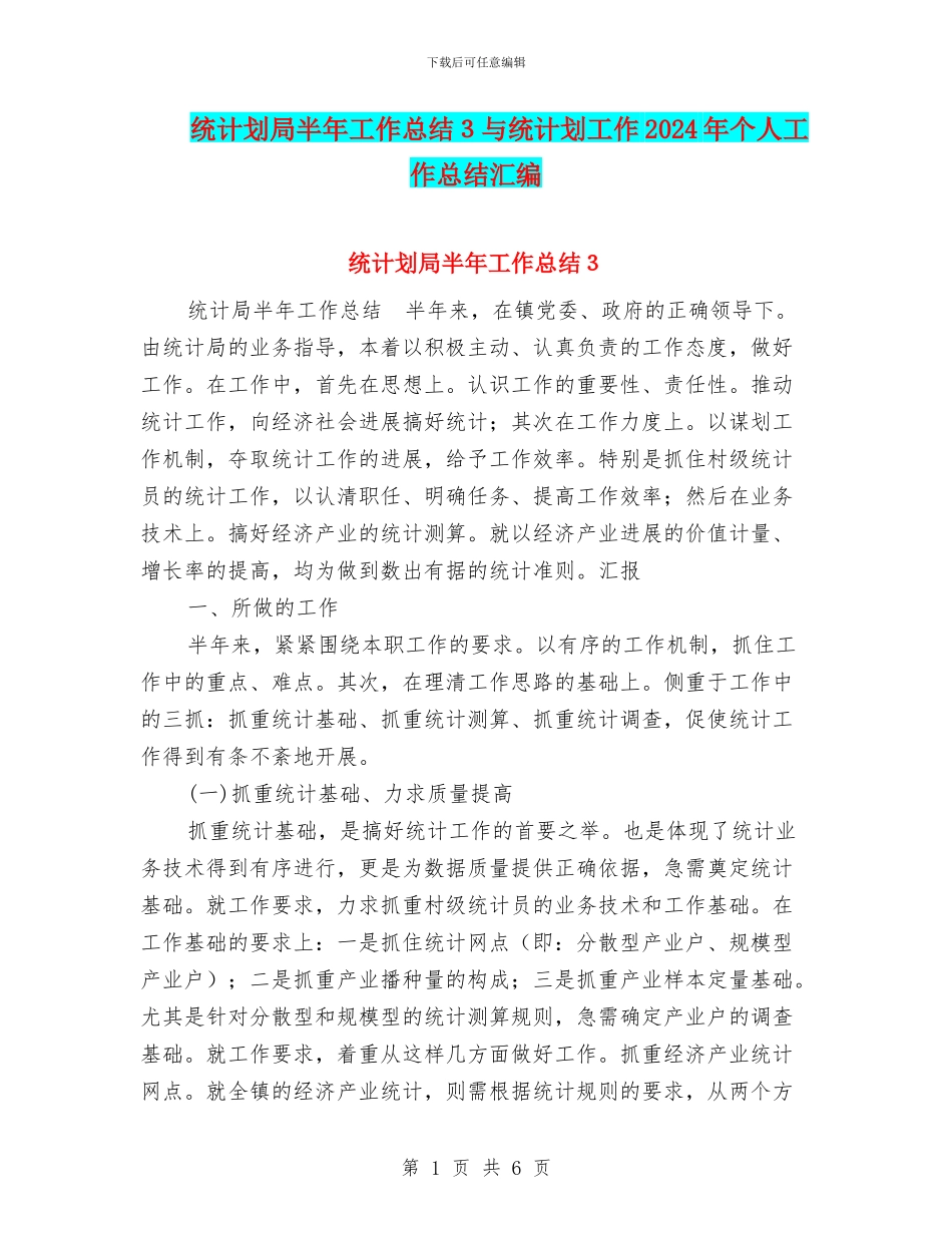 统计划局半年工作总结3与统计划工作2024年个人工作总结汇编_第1页